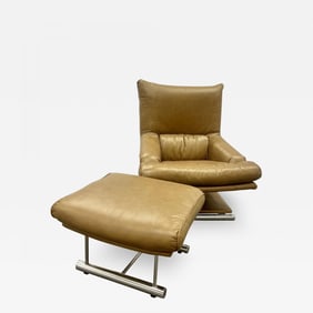 Vintage Leather Swivel, Lounge Chair with Ottoman, Percival Lafer Style, Steel