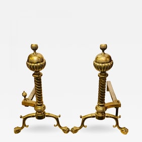 Pair of Brass Andirons circa 1880 Ball and Claw Feet of Twisted Column Form