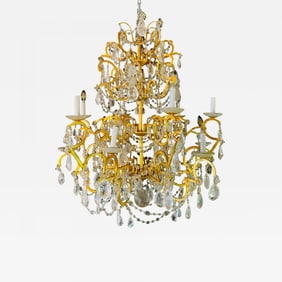 12 Light Gilt Metal Rock Crystal Chandelier. Hollywood Regency in Style