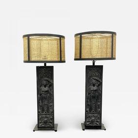 Pair of Giacometti Style Palatial Table Lamps, Custom Shades, Grecian, Metal