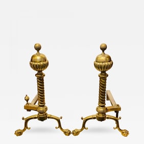 Pair of Brass Andirons circa 1880 Ball and Claw Feet of Twisted Column Form