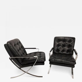 Pair of Black Leather Tufted and Chrome X-Base Cigar Chairs