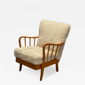 Alfred Christensen Style, Danish Mid-Century Modern Arm Chair, Shearling, Elm