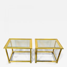 Pair Hollywood Regency Mastercraft Brass, Glass End / Side Tables, Mid-Century