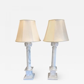 Pair of White and Grey Veined Column Marble Table Lamps with Custom Shades