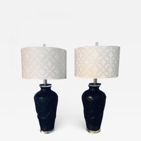 Pair of Art Deco Style Modern Black Table Lamps Lucite Base and Antelopes