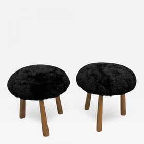 Contemporary, Swedish Mid-Century Style, Tripod Stools, Black Sheepskin