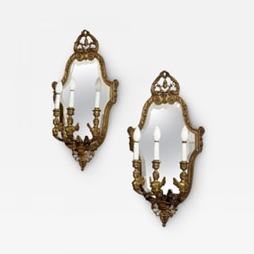 Pair Neoclassical Style Wall Sconces Bronze Three Arm Light with Fairy Figures