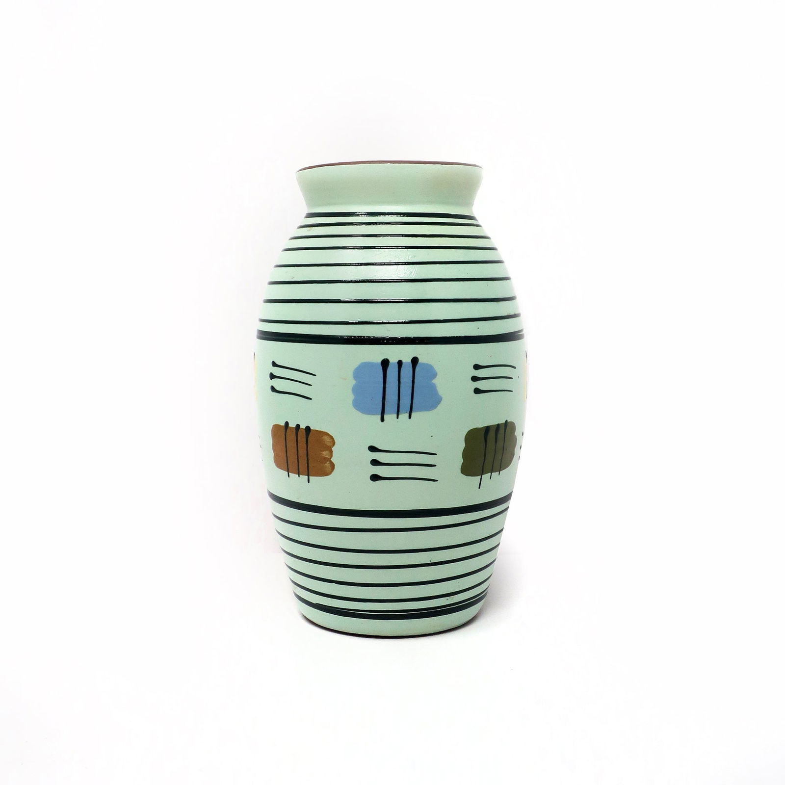 1960s Geometric Striped MCM Ceramic Vase by Babbacombe Pottery: A stunning English ceramic vase by Babbacombe Pottery in the style of Aldo Londi, Bitossi, Guido Gambone, and Fratelli Fanciullacci of the same era. Handpainted and stamped on the underside. In vintag