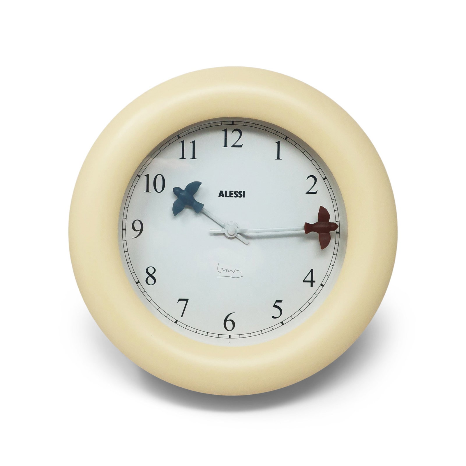 White Bird Wall Clock by Michael Graves for Alessi: This 1992 design wall clock by Michael Graves is one of Alessi's most successful designs, along with Graves' stainless steel 9093 kettle. The clock had a unusually deep off-white plastic body, a white