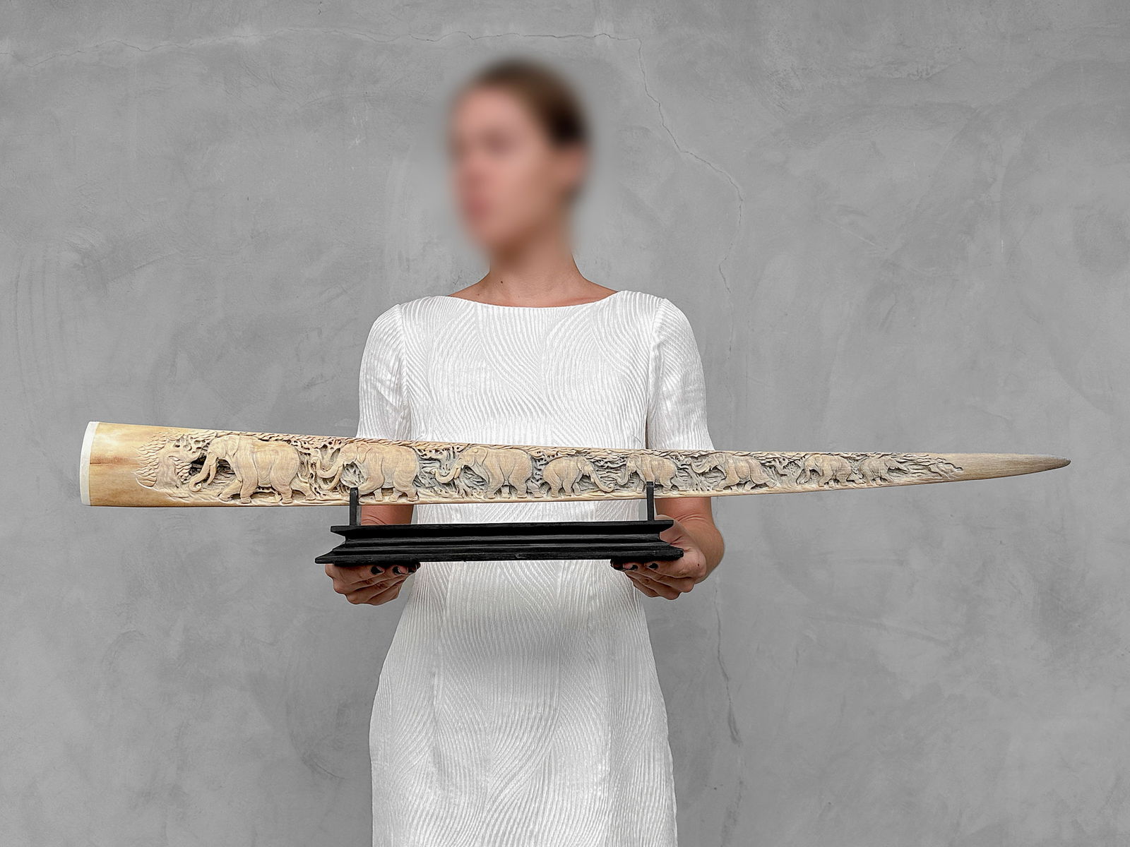 Extra large Carved Swordfish Rostrum - Parade of Savannah elephants: Title: Extra large Carved Swordfish Rostrum - Parade of Savannah elephants Maker: Unknown Origin:Indonesia Date/Period:2024 Materials:Xiphias Gladius, Bone, Wood Dimensions:Length: 93 cm / 36.6 inches