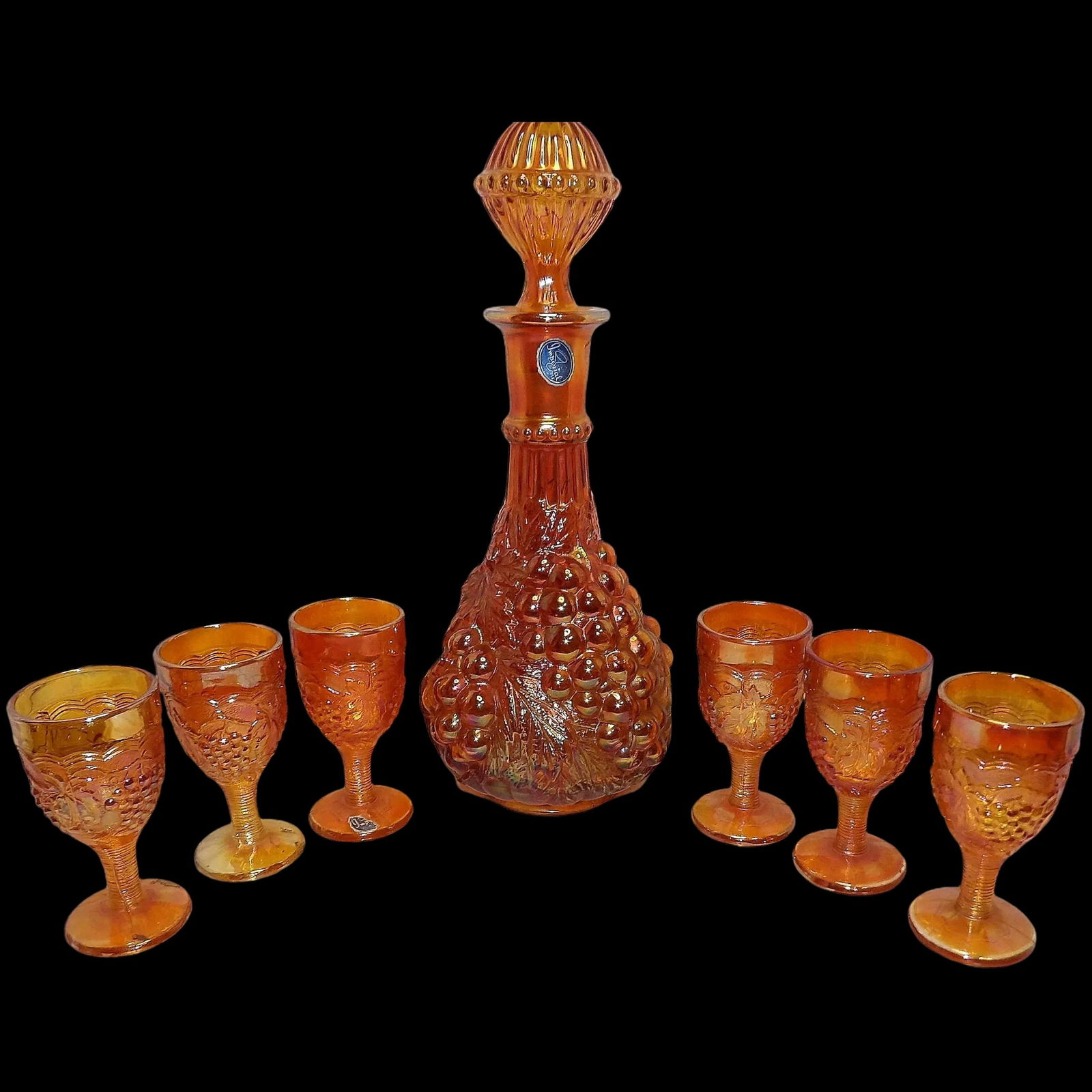 Vintage Imperial Glass Helios Marigold Carnival Glass Grape Decanter with 6 Cordials (1 of 10)