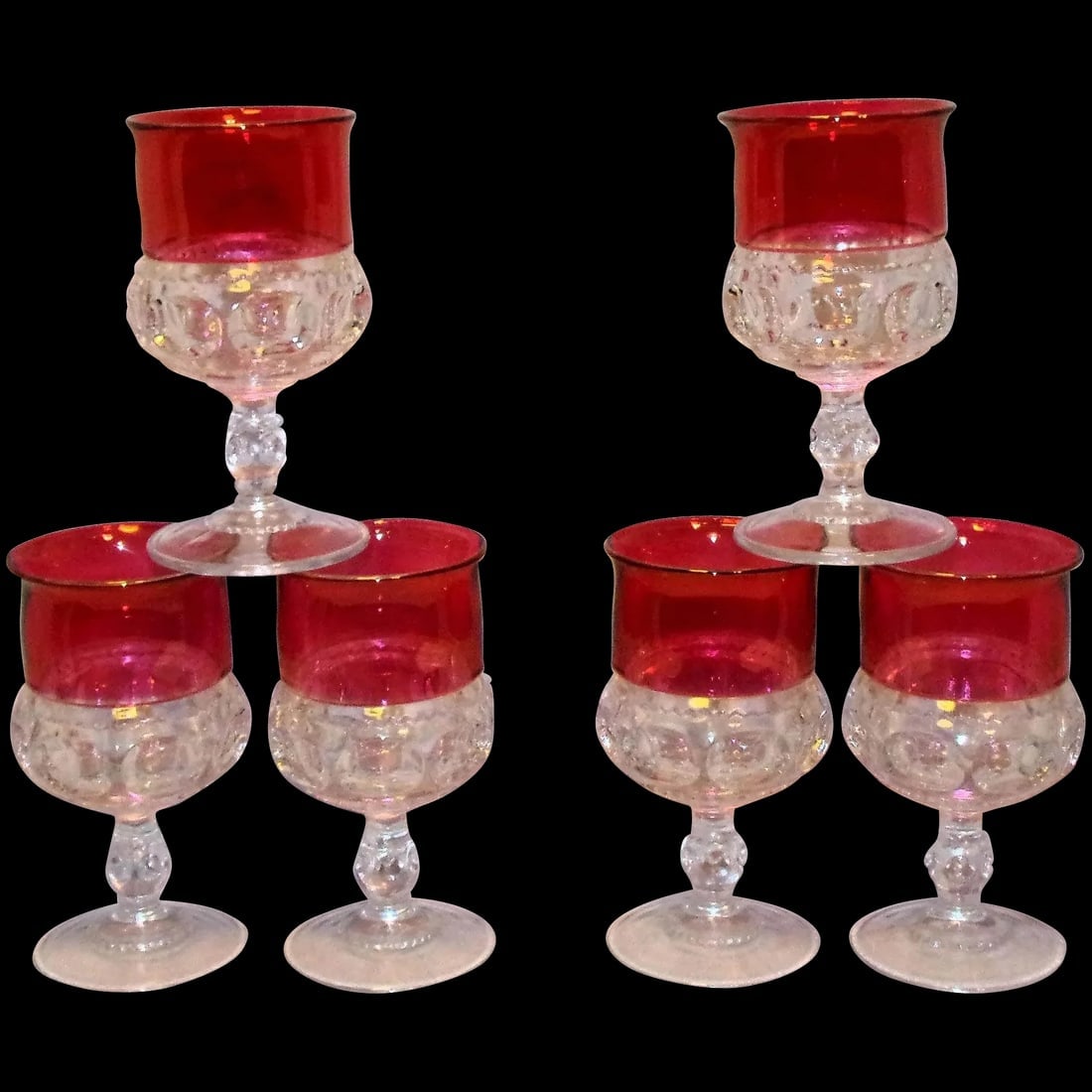 Vintage Set of Six Indiana Glass Ruby Flashed Kings Crown Water/Wine Goblets (1 of 8)