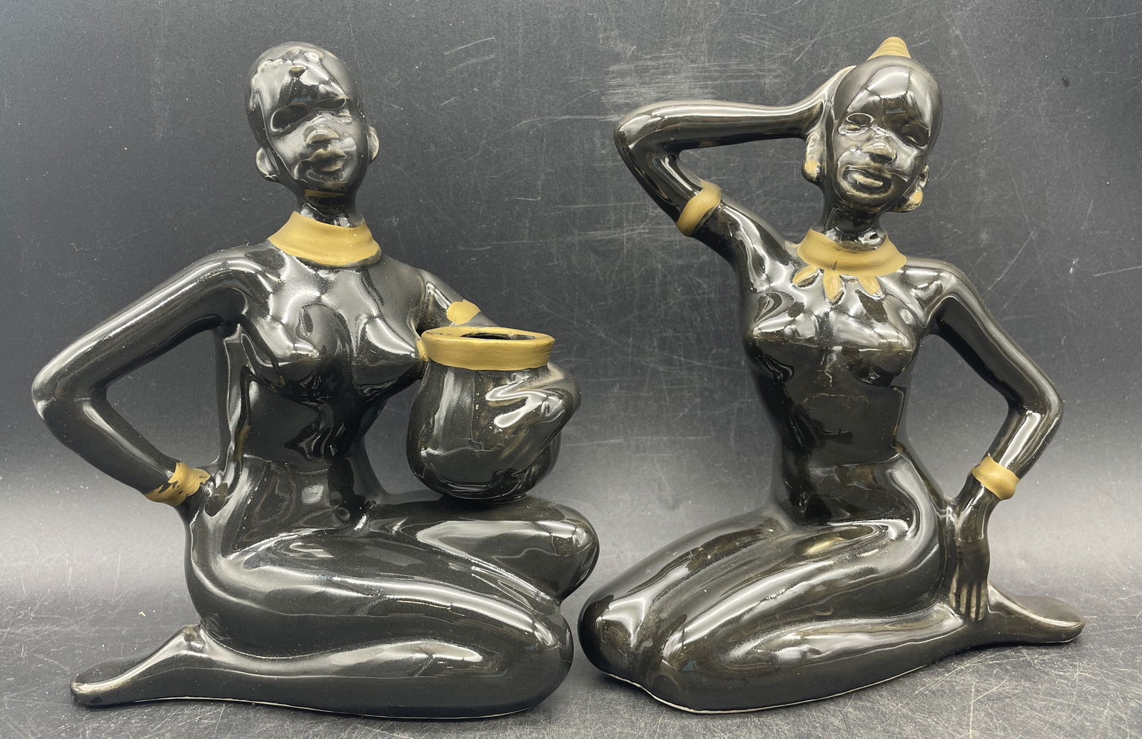 PAIR MID-CENTURY BLACKAMOOR STATUE FIGURINES NUBIAN GENIE (1 of 8)