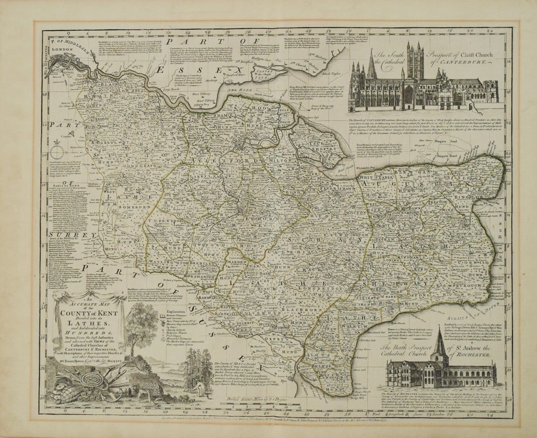 1777 Bowen Map of County Kent, England -- An Accurate Map of the County of Kent, Divided into its (1 of 1)