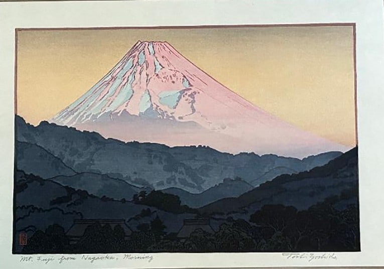 Toshi Yoshida (1911-1995): Mt Fuji From Nagaoka, Morning: Artist/Title: Toshi Yoshida (1911-1995): Mt Fuji From Nagaoka, Morning Medium: Woodblock Print Size/Format: The print image measures 8 1/8 X 12 3/8 inches plus margins Condition: The print is in excel
