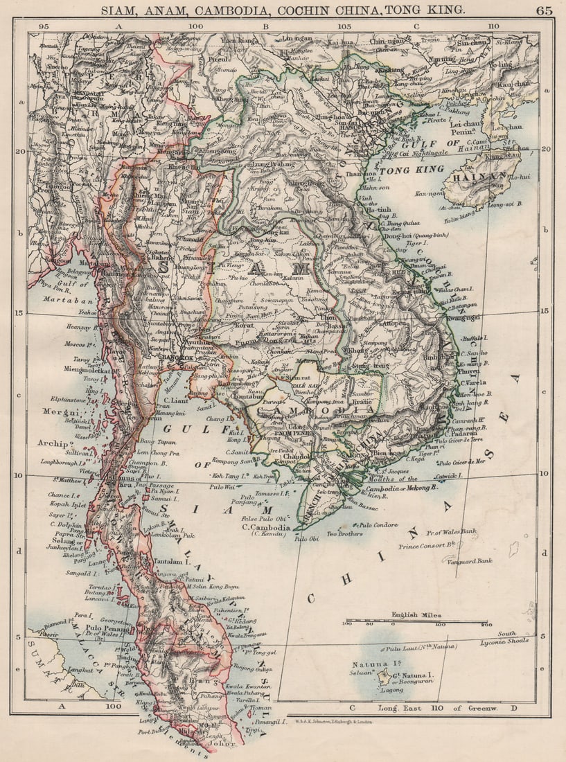 INDOCHINA.Siam with British & French spheres. Burma Cambodia Anam 1900 map (1 of 1)