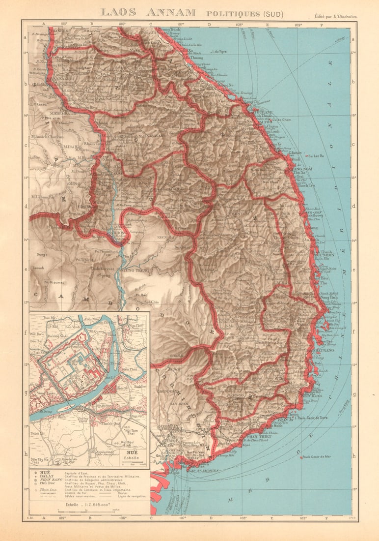 FRENCH INDOCHINA Indochine. South Laos & Annam. Vietnam. Hue city plan 1938 map (1 of 1)
