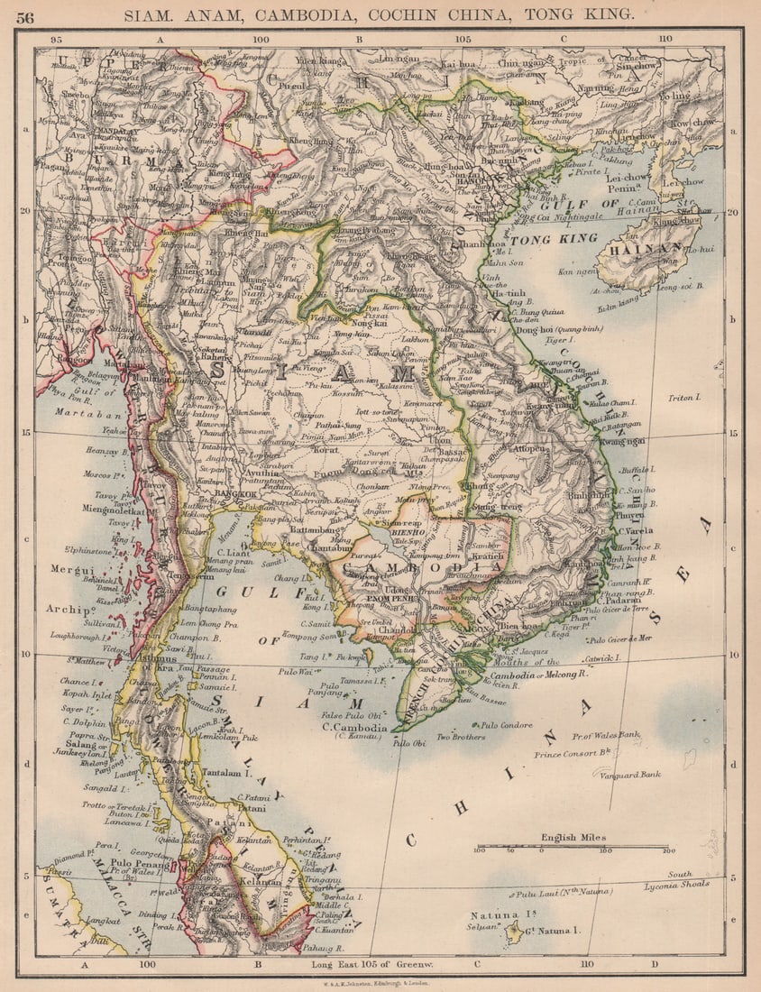 INDOCHINA.Siam Burma Cambodia Anam Tong King Cochin China. JOHNSTON 1897 map (1 of 1)