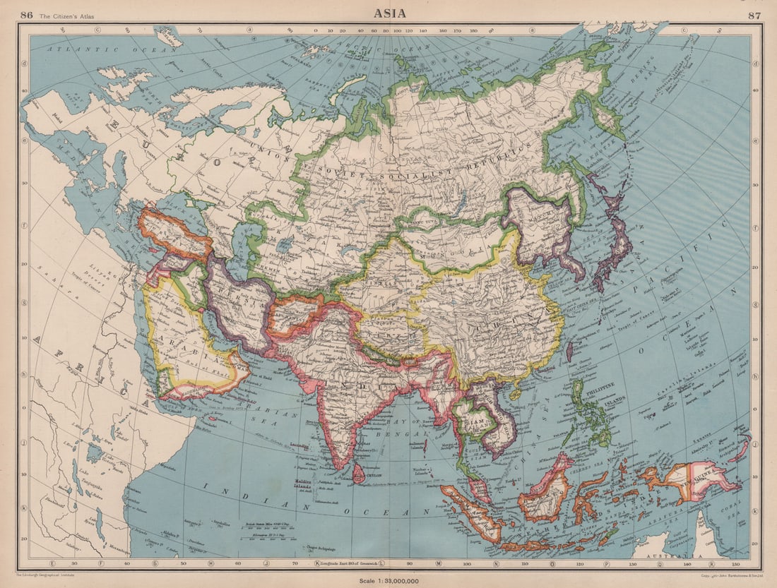 ASIA POLITICAL. Shows Japanese occupied Manchuria, Caroline & Marianas 1944 map: TITLE/CONTENT OF MAP: 'Asia' This map was printed in an atlas that was published during the Second World War. Many of the maps show the advance of the Axis powers including the domination of Nazi Germ