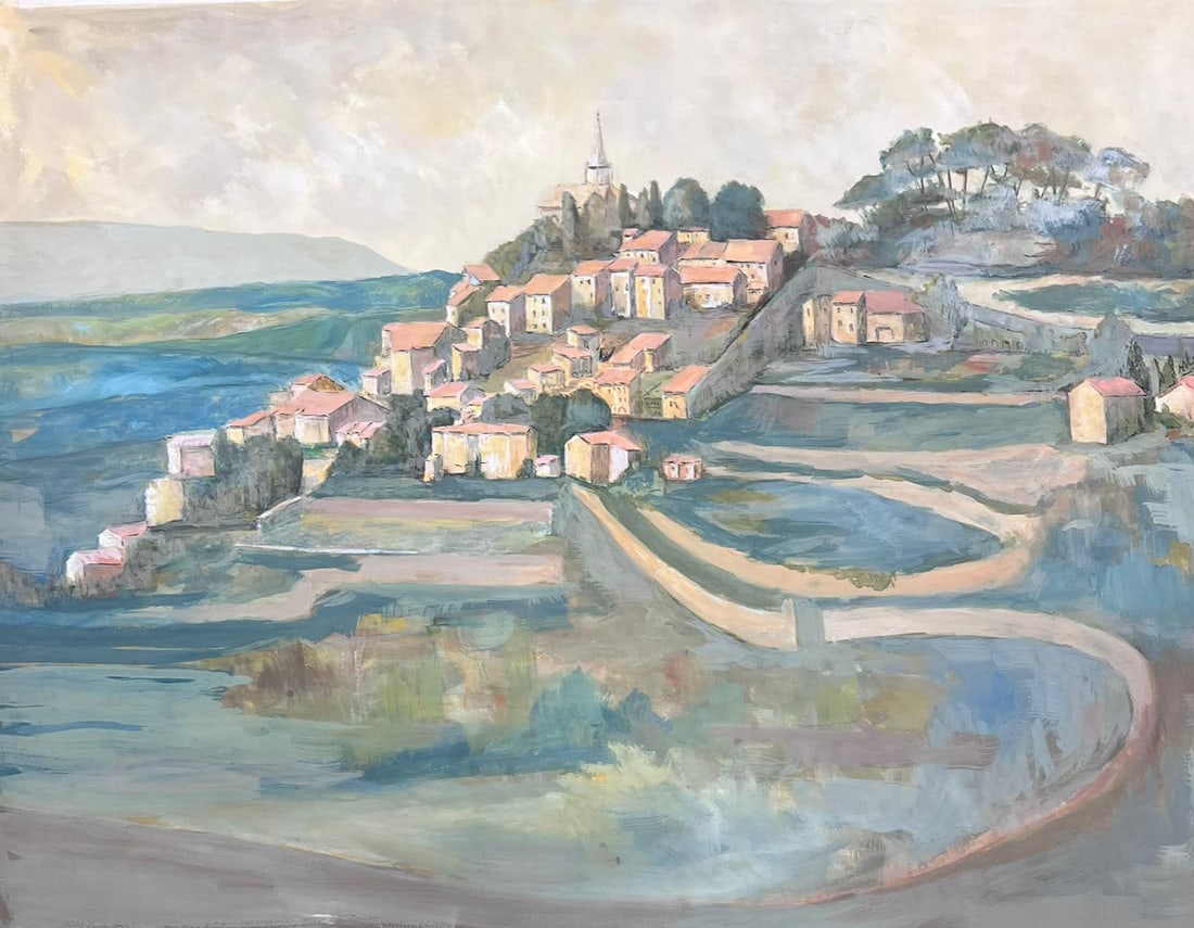 20th Century Modernist Painting Red Roof Village On Hill Side Landscape 1950's: About the Item French Landscape by Bernard Labbe (French mid 20th century) original gouache on artist paper size: 20 x 25 inches condition: very good and ready to be enjoyed provenance: the artists at