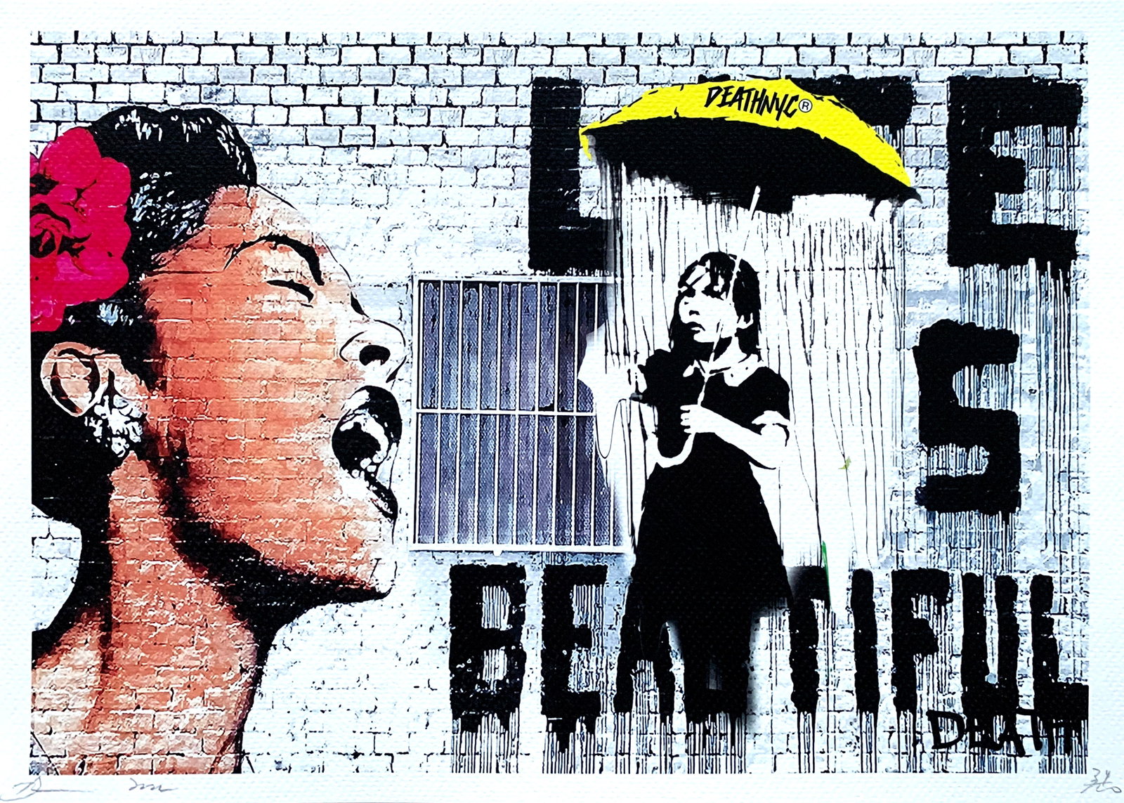 Death NYC Banksy Life is Beautiful: Artist/Title: Death NYC Banksy Life is Beautiful Date: 21st Century Medium: Giclee on Fine art 300 gsm paper Dimensions: 17 3/4 x 12 1/2 inches Description: Artist: Death NYC, limited edition giclee o