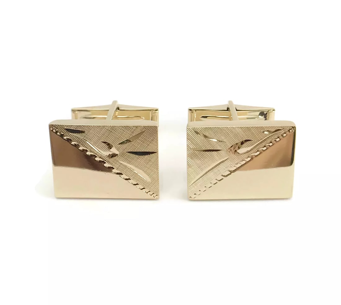 Rectangle Half Etched Matte Finish 14K Yellow Gold Cufflinks, 8.46 Grams (1 of 10)