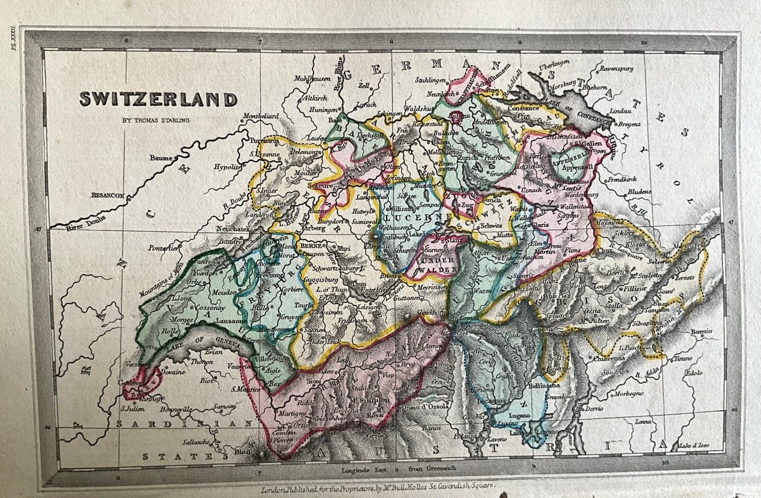 1834 Switzerland by Thomas Starling: Title: 1834 Switzerland by Thomas Starling Date/Period: 1834 Materials: Hand colored, steel engraved Size: 6 1/2 x 4 inches. This detailed map presents Switzerland as it appeared in 1834, created by T