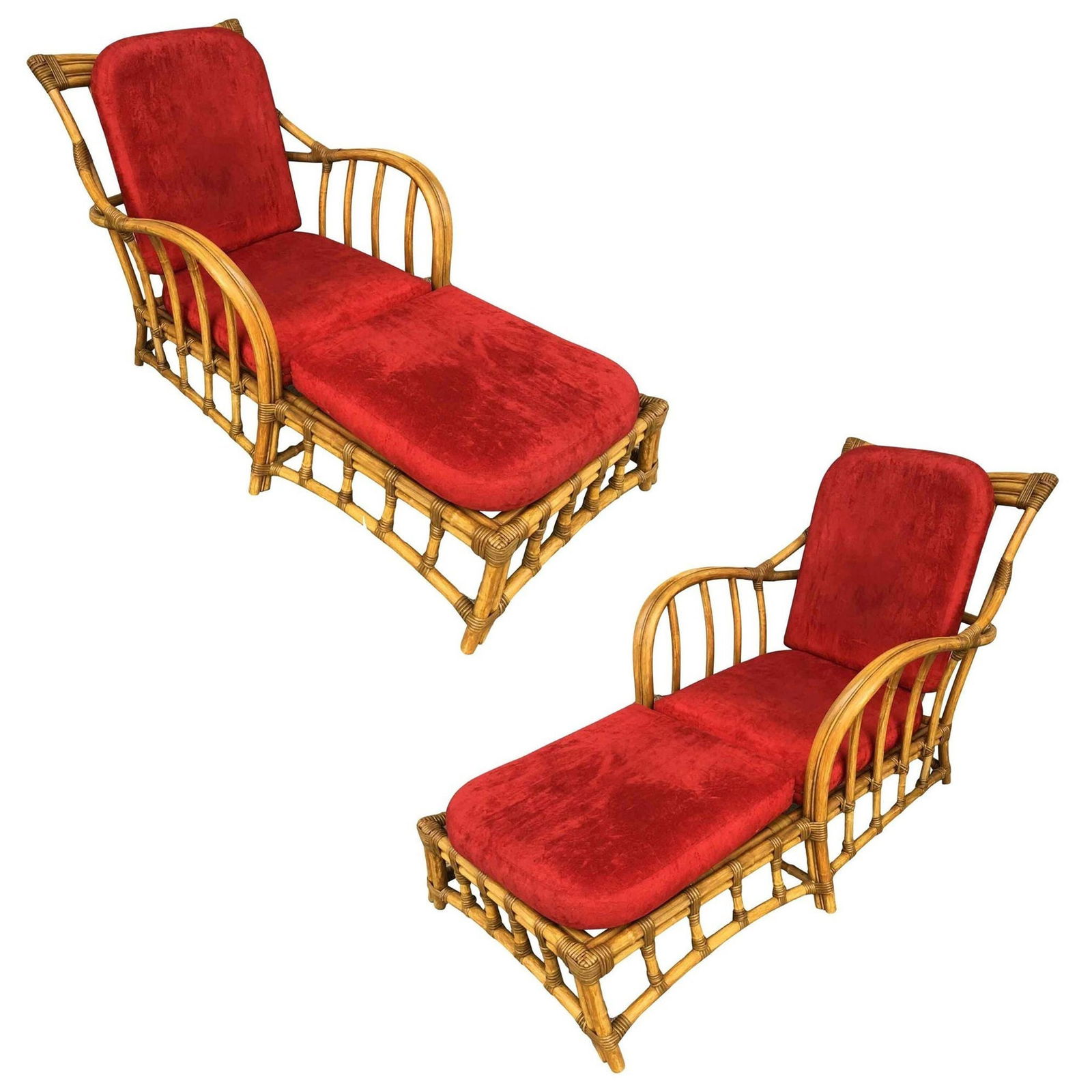 Restored Mid Century Chaise Lounge Outdoor Patio Chair, Pair: About the Item Designed in the manner of Paul Frankl, this restored faux rattan outdoor lounge chair features arched arms with a built-in footrest. Made of a durable plastic faux-rattan, perfect for p
