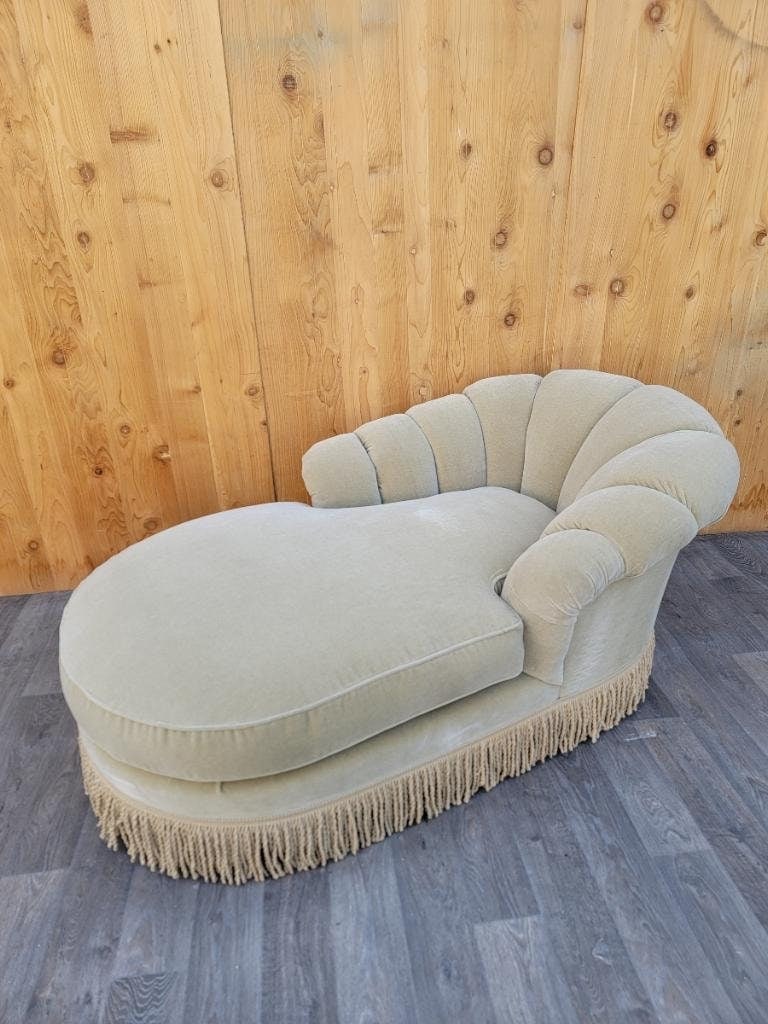 Vintage Marge Carson Style Channel Back Chaise Lounge Newly Upholstered In Mohair: Vintage from the 1940s Materials: Mohair, burlap Overall width: 63 inches Overall height: 29 inches Overall depth: 50 inches Seat height: 21 inches "Vintage Marge Carson Style Channel Back Chaise Loun