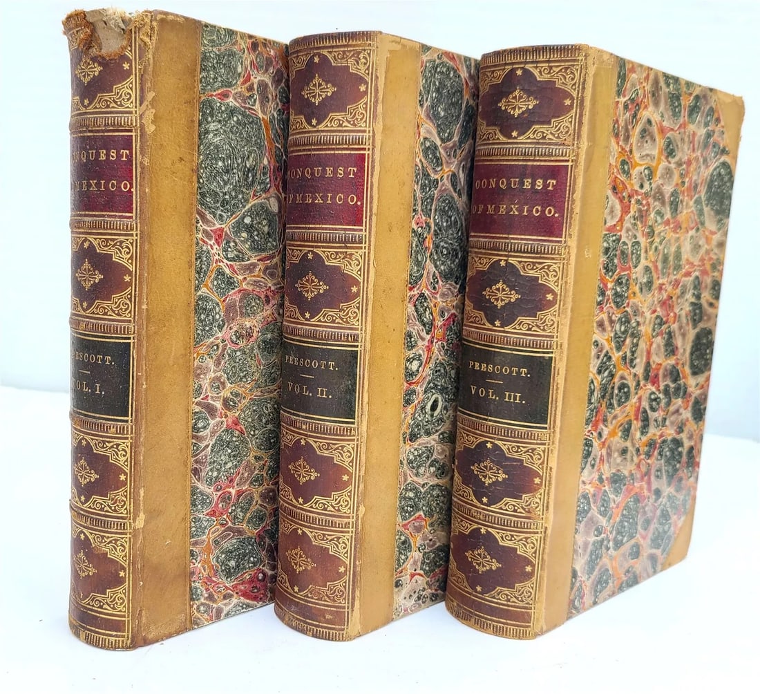 1865 HISTORY of CONQUEST of MEXICO by PRESCOTT 3 VOLUMES antique CIVIL WAR ERA: HISTORY of THE CONQUEST of MEXICO by WILLIAM PRESCOTT 3 VOLUMES , complete set Philadelphia ; 1865 Original 3/4 leather over marbled boards, marbled endpapers and edges. Spines with raised bands and t