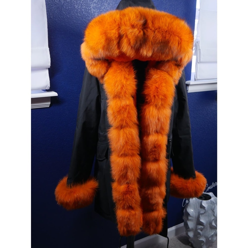 NEW Black Parka with Orange Fox Fur Coat Jacket (1 of 6)