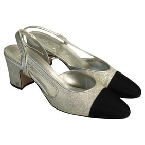 Chanel Gold Glitter and Black Cap Toe Grosgrain Slingback Heels 39