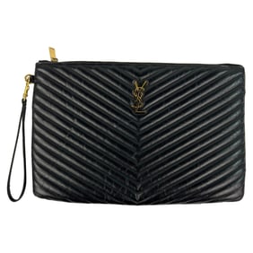 Saint Lauren Black Leather Monogram Tablet Pouch Clutch Bag