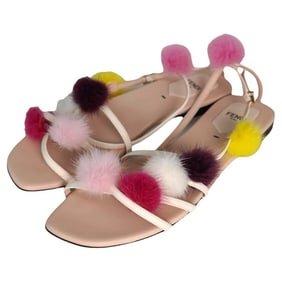 Fendi Mink Multi Colored Pom Pom Suede Beige Sandals Sz 41