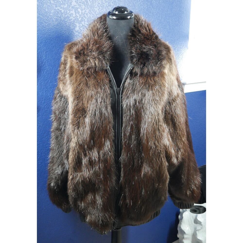 Unisex Reversible Leather & Longhair Beaver Fur Coat Jacket Mens Womens (1 of 7)