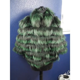 Gorgeous Green Dyed Silver Fox & Black Sheared Mink Fur poncho Cape Coat Jacket
