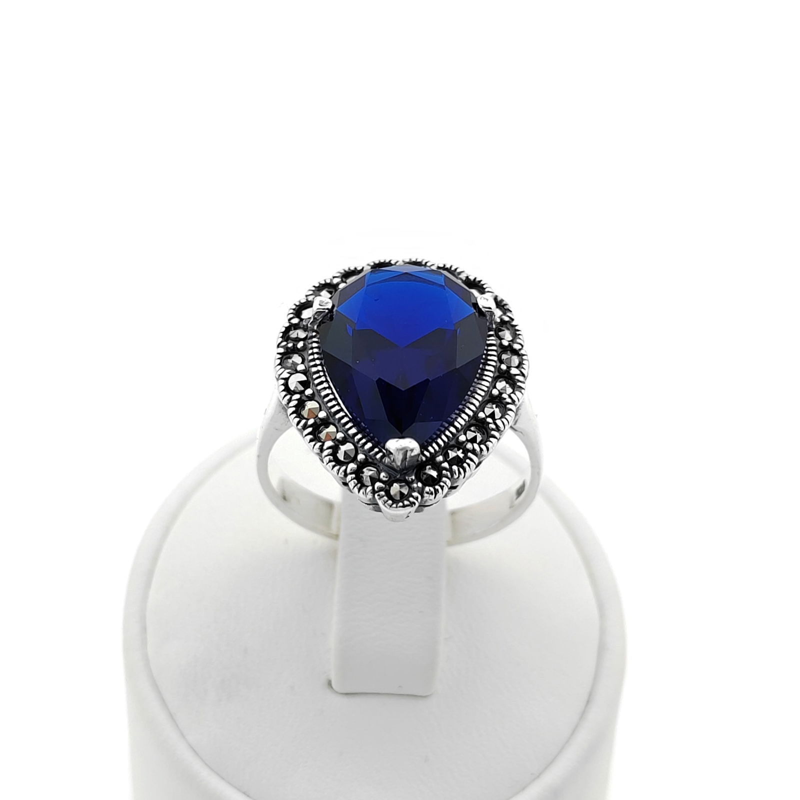 925 Silver Ladies Ring Ornated with Blue Zircon and Marcasite (1 of 8)