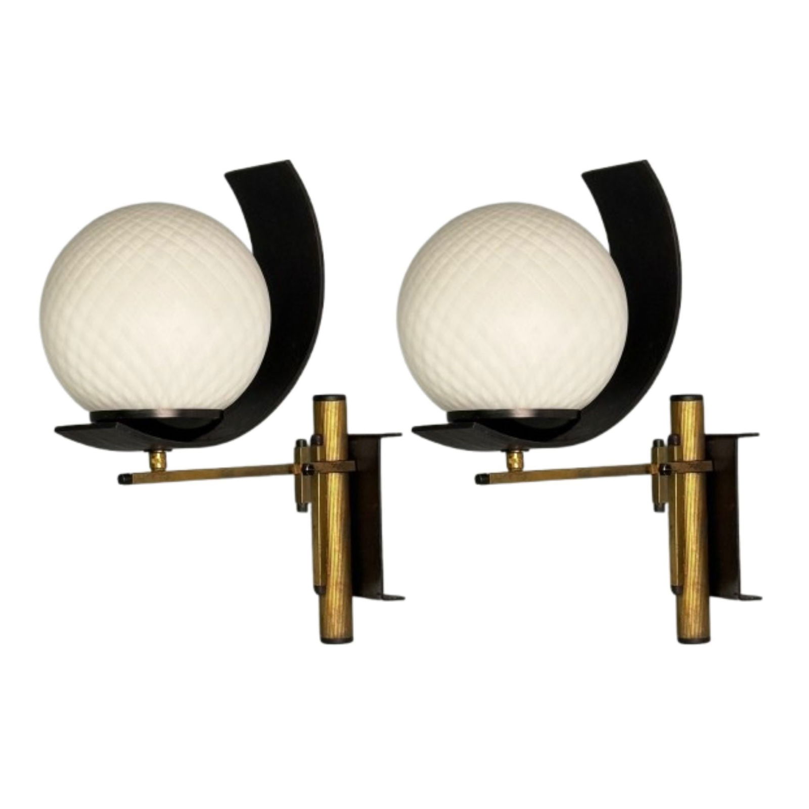 Stilux Attr., Italian Mid-Century Modern, Dome Wall Sconces, Brass, Iron, Glass: Stilux Attr., Italian Mid-Century Modern, Dome Wall Sconces, Wall Lights, Brass, Iron, Glass This captivating pair of Italian wall lights, attributed to Stilux and produced in Italy during the second