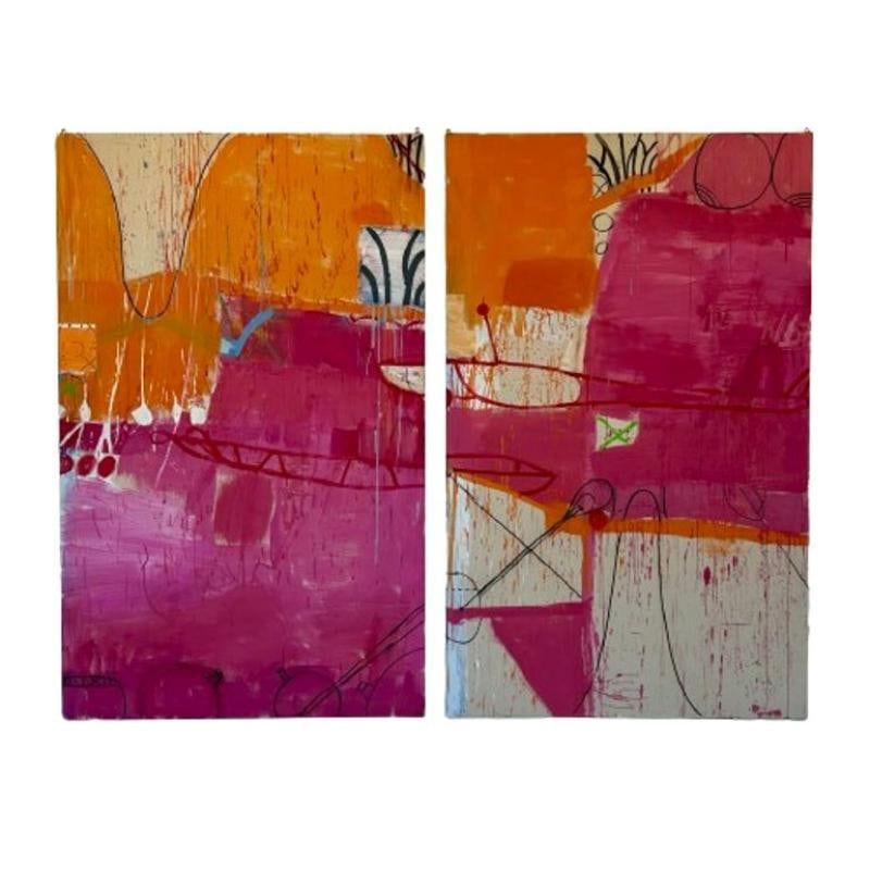 Gary Komarin, Contemporary Abstract Painting, Massive Diptych, Pink, Orange: Gary Komarin, Contemporary Abstract Painting, Massive Diptych, Pink, Orange THE OPEN PALM OF DESIRE by Gary Komarin. Gary Komarin's largest work to date. On view now and available for sale exclusively