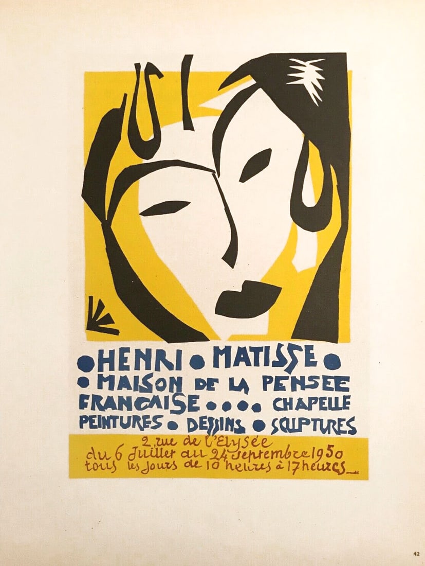 Matisse Lithograph 42 Maison de la Pensee Francaise 1959: Title: Maison de la pensee Francaise Artist: Henri Matisse Country: France Medium: Lithograph 42 Paper size: 12.5 X 9.5 inch Printed: 1959 by Mourlot Freres, France Provenance: Art in posters book 195