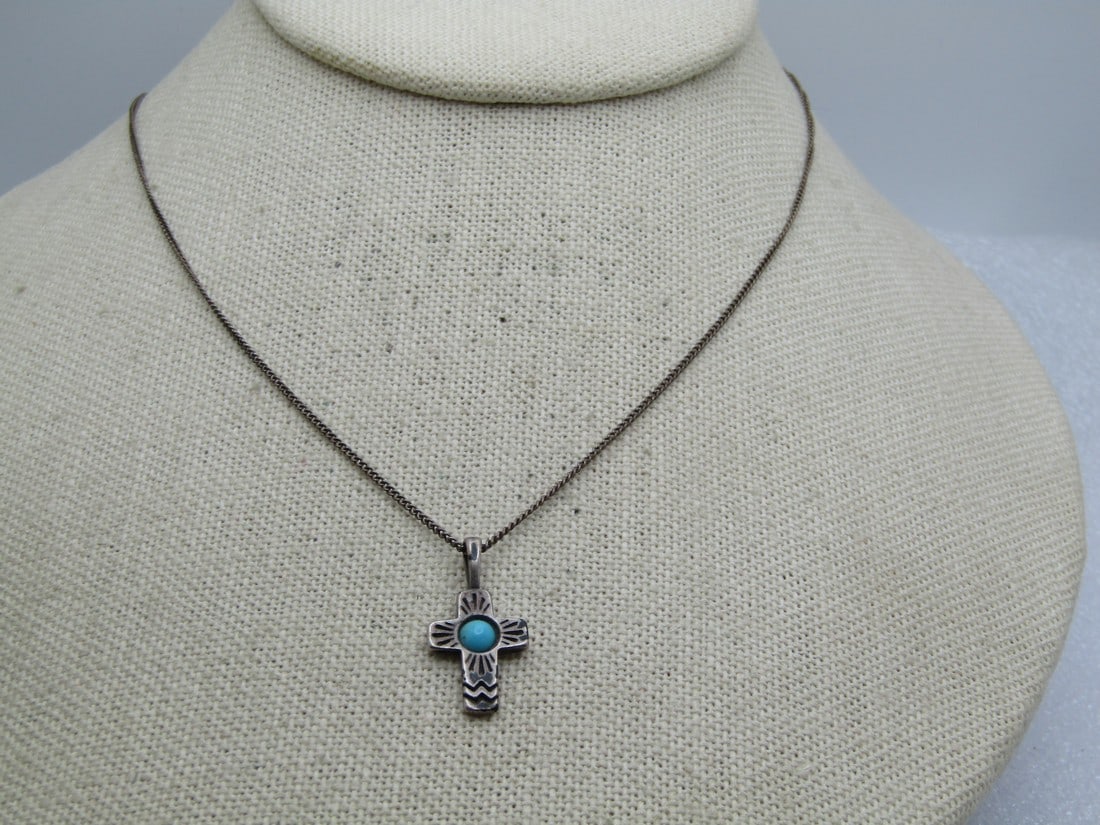 Vintage Sterling Southwestern Cross Necklace, Turquoise Colored Stone, 19" (1 of 7)