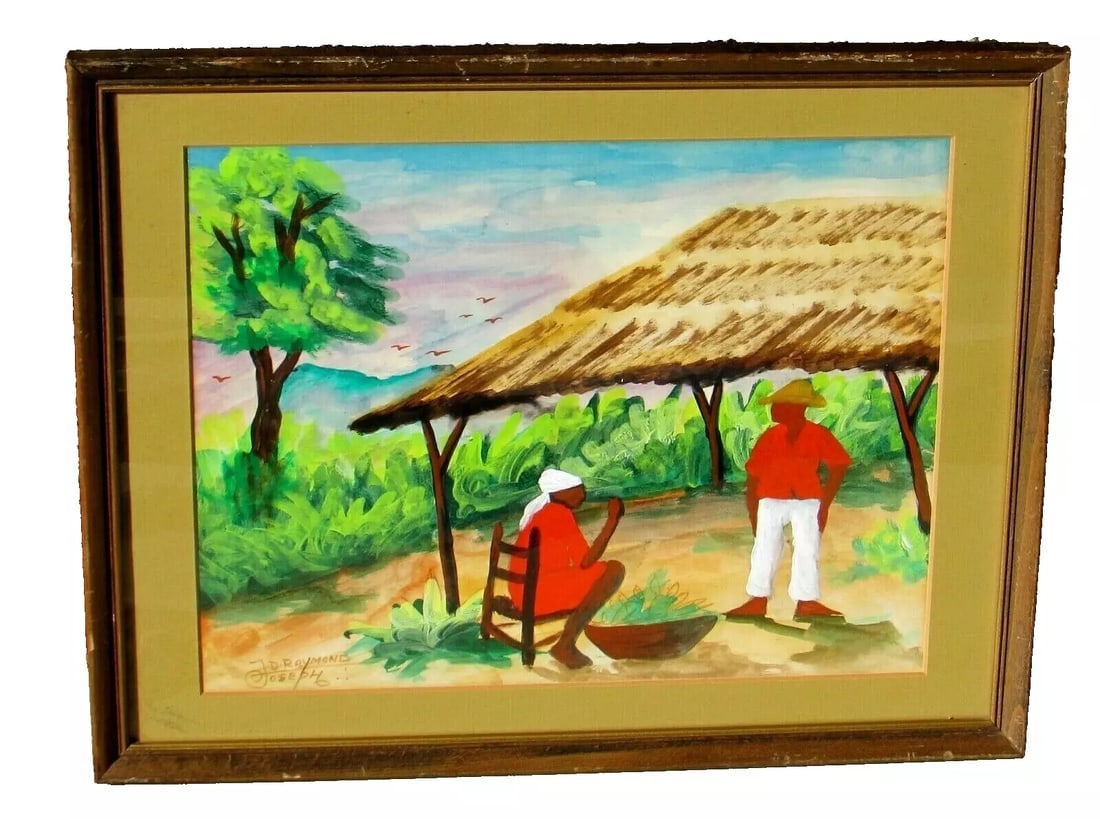 RAYMOND JOSEPH Haitian Folk Art Gouache Two Figures Under Hut Sells $$$ Gallery (1 of 5)
