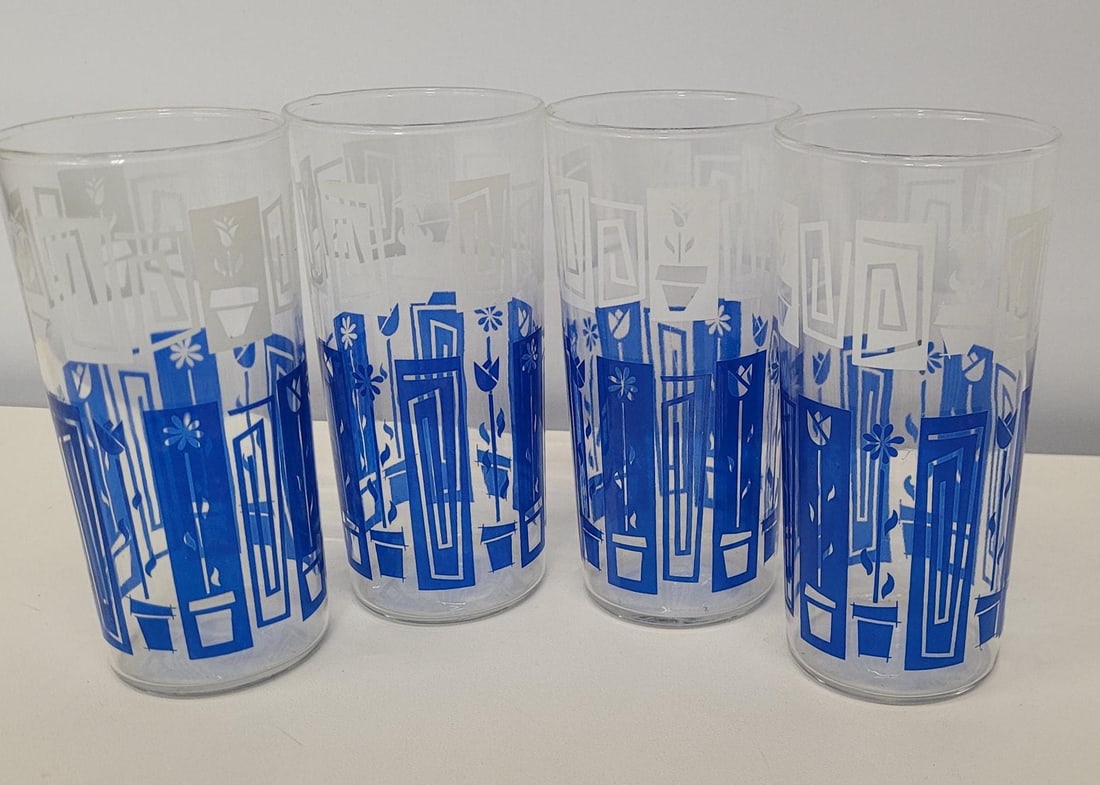 Vintage Blue Mid Century Modern Retro Tall Drink barware high ball glasses Atomic Potted Plant (1 of 9)
