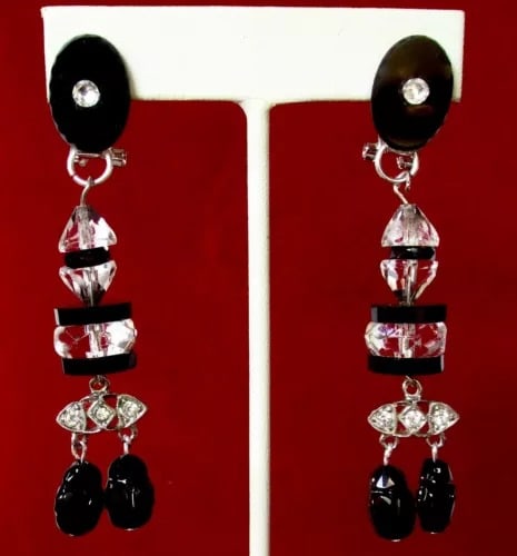 Pair of Antique Art-Deco French Jet (Black Glass) & Clear Crystal Earrings/Omega: Title: Pair of Antique Art-Deco French Jet (Black Glass) & Clear Crystal Earrings/Omega Description: Pair of Antique Art-Deco 3-Inch French Jet (black glass) & Clear Crystal Chandelier Earrings With O