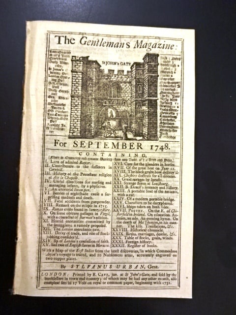 1748 Magazine Stock Jobbing London: The September 1748 issue of Gentleman's Magazine, printed at London by Sylvanus Urban, 48 pages and one engraving present. The engraving of Foundling Hospital. Essay on the decay of trade in London an