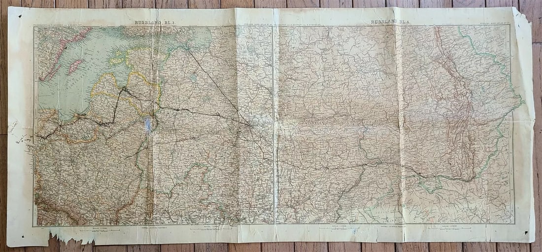 1912 GERMAN MAP of RUSSIA ANTIQUE size 12 by 14" ORIGINAL pre-WWI: GERMAN MAP of RUSSIA c. 1912 From Stielers Hand Atlas by H. Kehnert & H. Habenicht Nr. 47. Russland, Bl. 4. Size 16 by 35" Folds, tears, archival tape repairs. one about 3/4" hole (visible on the phot