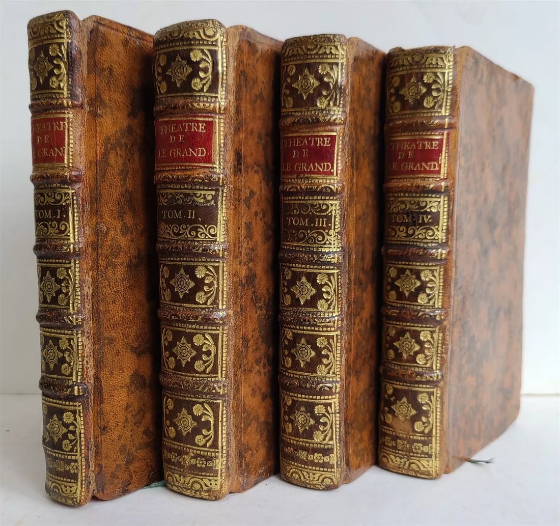 1731 FRENCH THEATRE PLAYS 4 VOLS antique Theatre de Monsieur Le Grand comedien: Theatre de Monsieur Le Grand, comedien du Roy. 4 vols. Paris, Ribou ; 1731 Decorative marbled leather volumes Spines with raised bands, decorated in gilt Red edges, marbled endpapers Clean, very good 