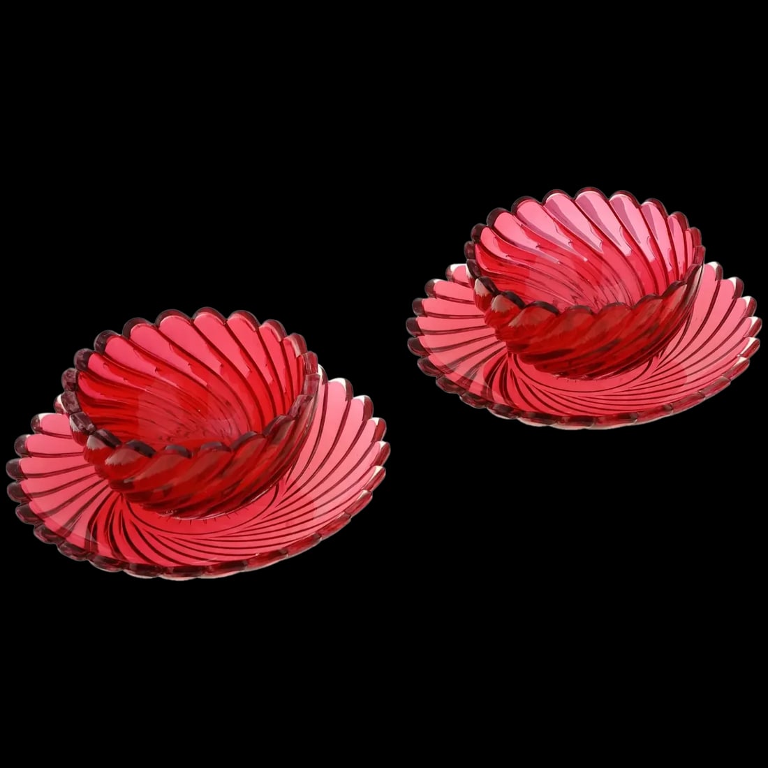 Vintage Ruby Red Crystal Glass Bowls And Plates: A lot of vintage ruby red crystal tableware. A total of two bowls and two plates. The pieces have a swirl design with figurative rims. Collectible Glassware, Tableware And Serveware. Dimensions: Plate