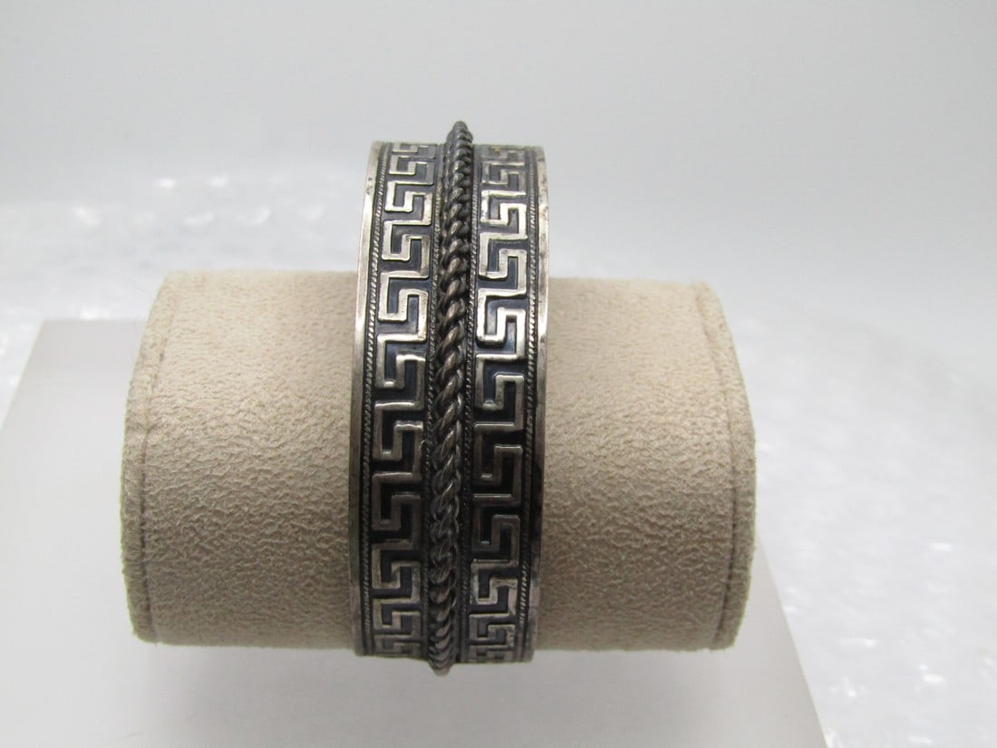 Vintage Sterling Greek Key Cuff Bracelet 7.5", Unisex, 1960's-1970's (1 of 6)